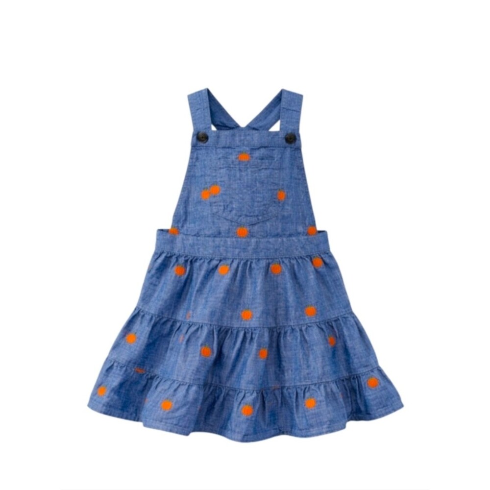 Gymboree Girls Chambray Denim Jumper Overall Dress Tiered Embroidered Pumpkins 6